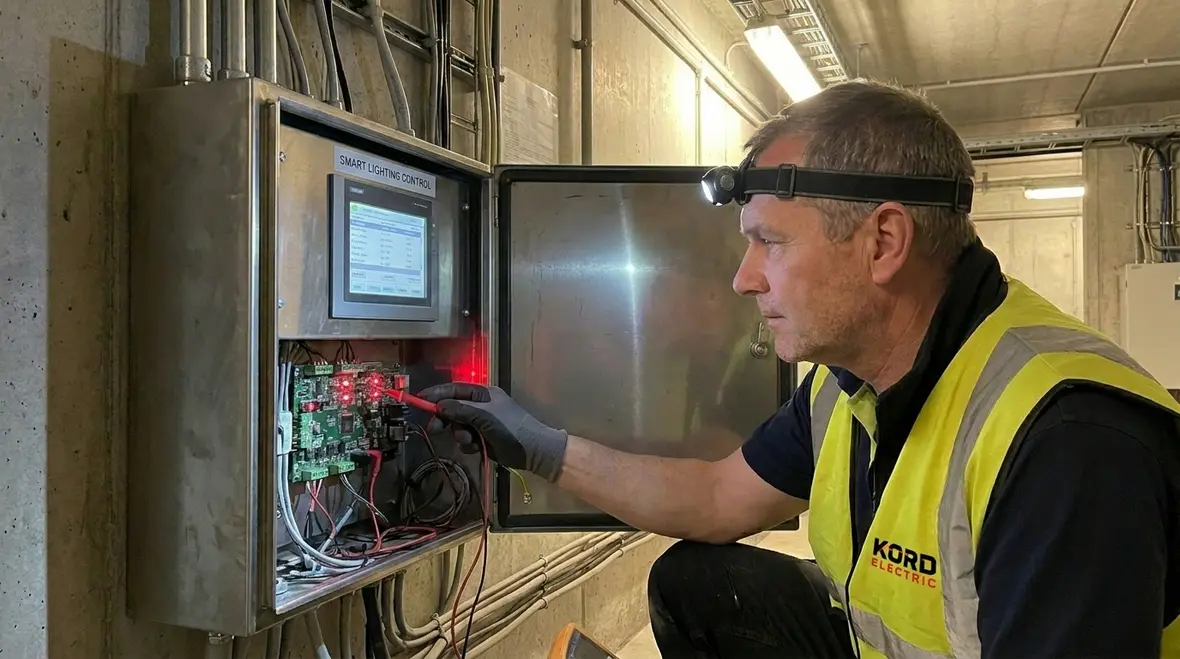 Maintenance team reviewing smart lighting diagnostics dashboard