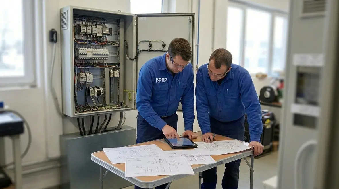 Technicians configuring smart electrical integration in an industrial building