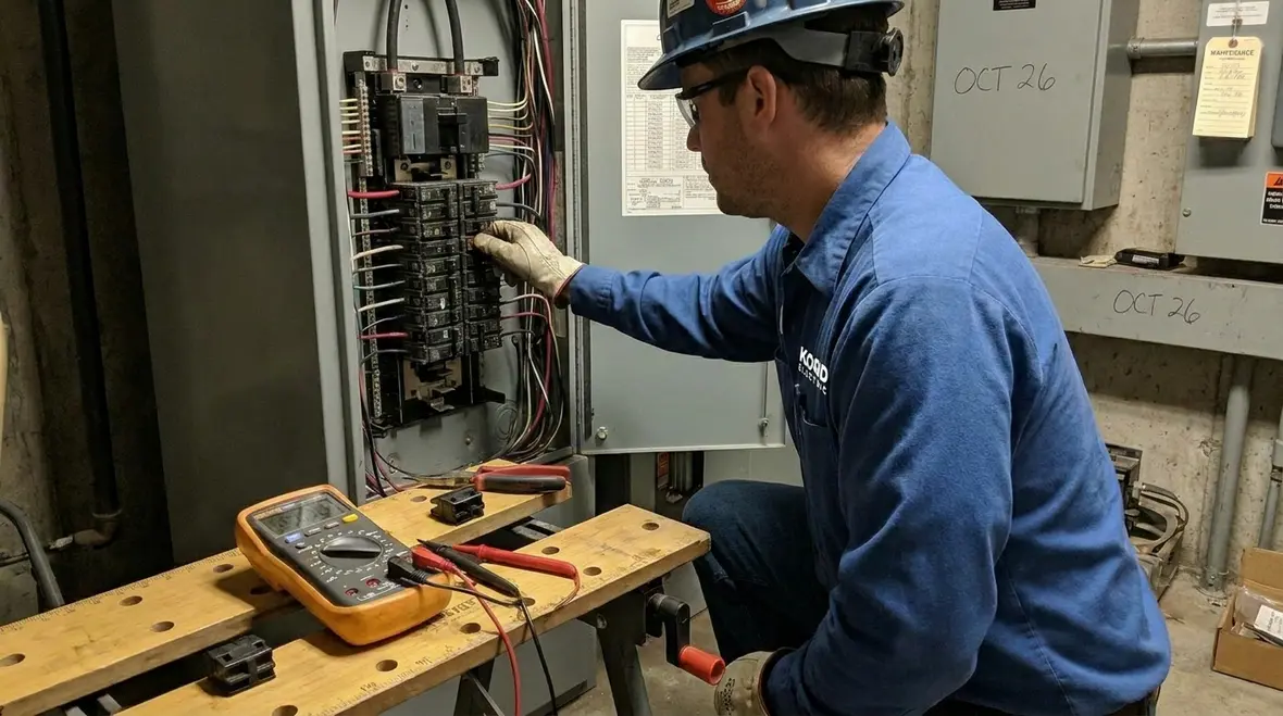 Technician inspecting a commercial electrical panel for early upgrade signs