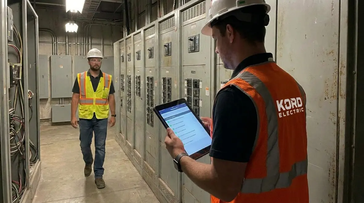 Commercial electrical panel being inspected as part of a safety checklist