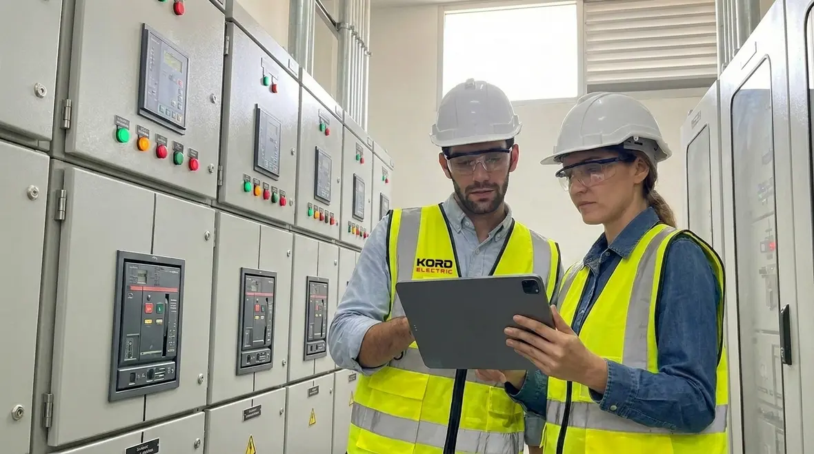 Technicians reviewing smart factory electrical system upgrades one-line diagrams on site