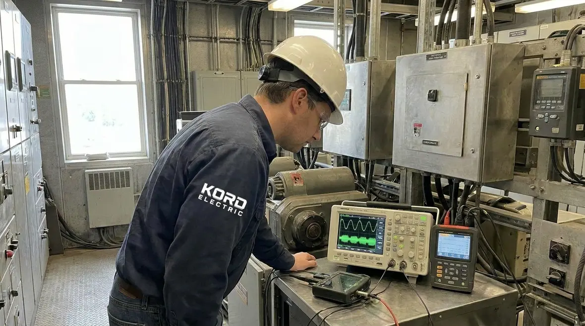 Engineers analyzing power quality data for smart factory systems