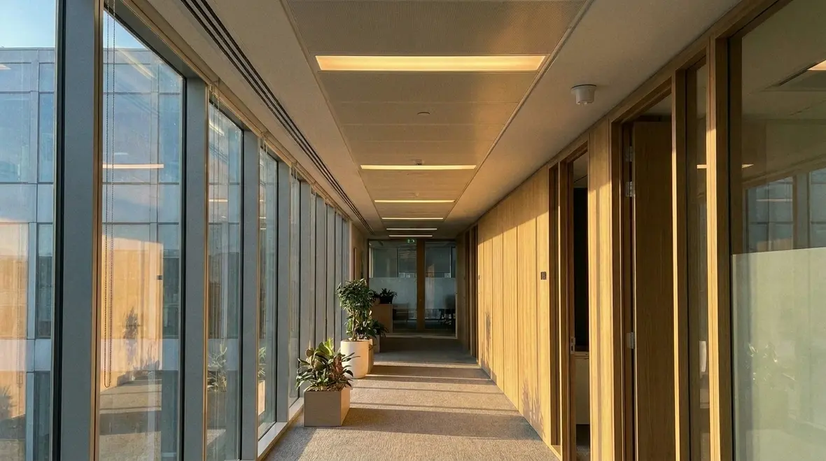 Technicians configuring smart lighting automation for commercial building