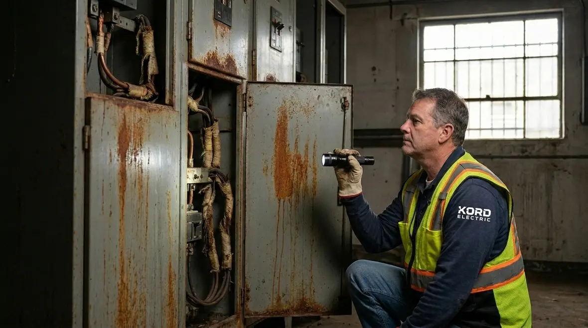 Technician testing power quality and surge protection in a commercial facility