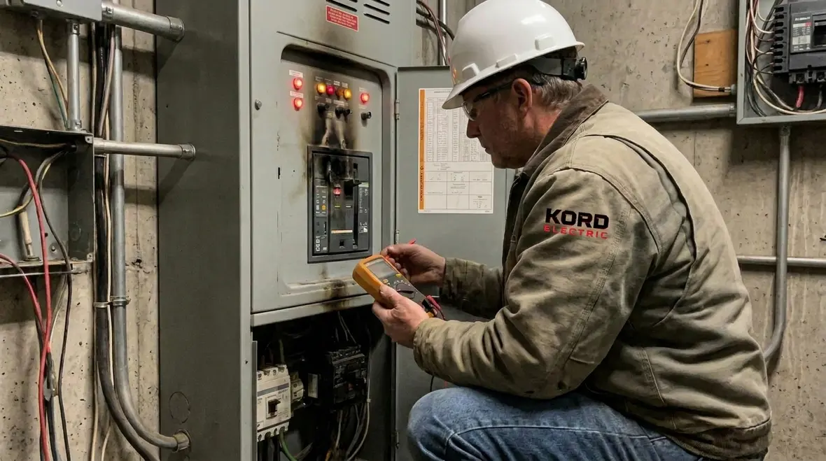 Electrician inspecting commercial building electrical panels for upgrade warning signs