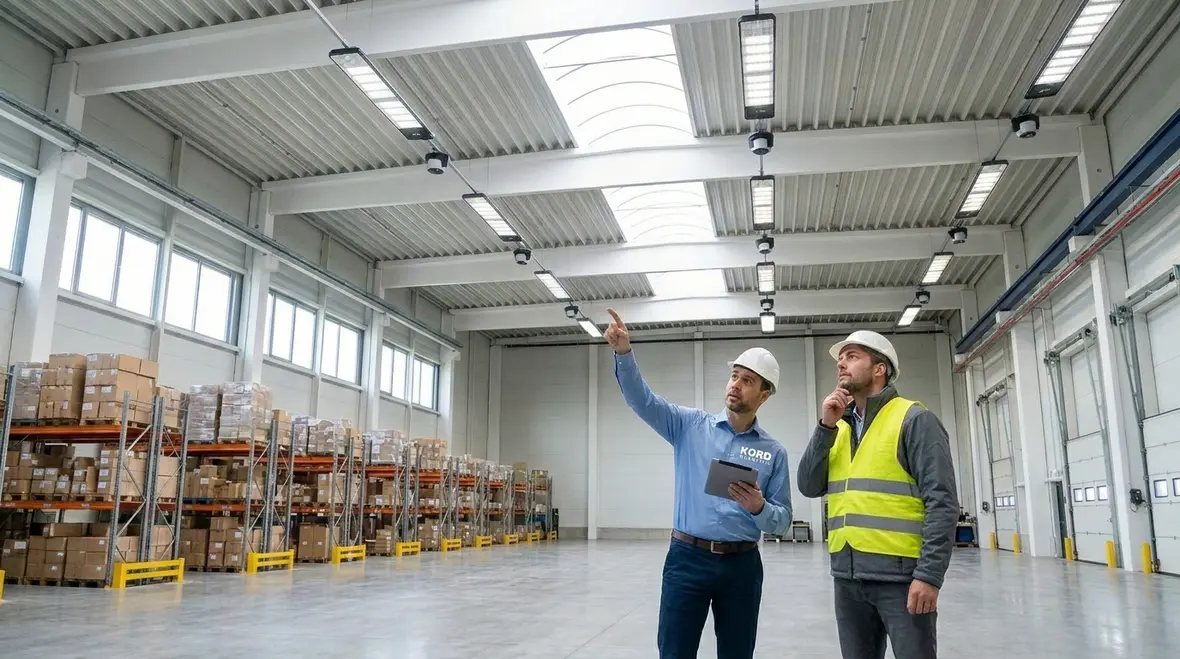Technicians configuring smart lighting for warehouses inside a high bay facility