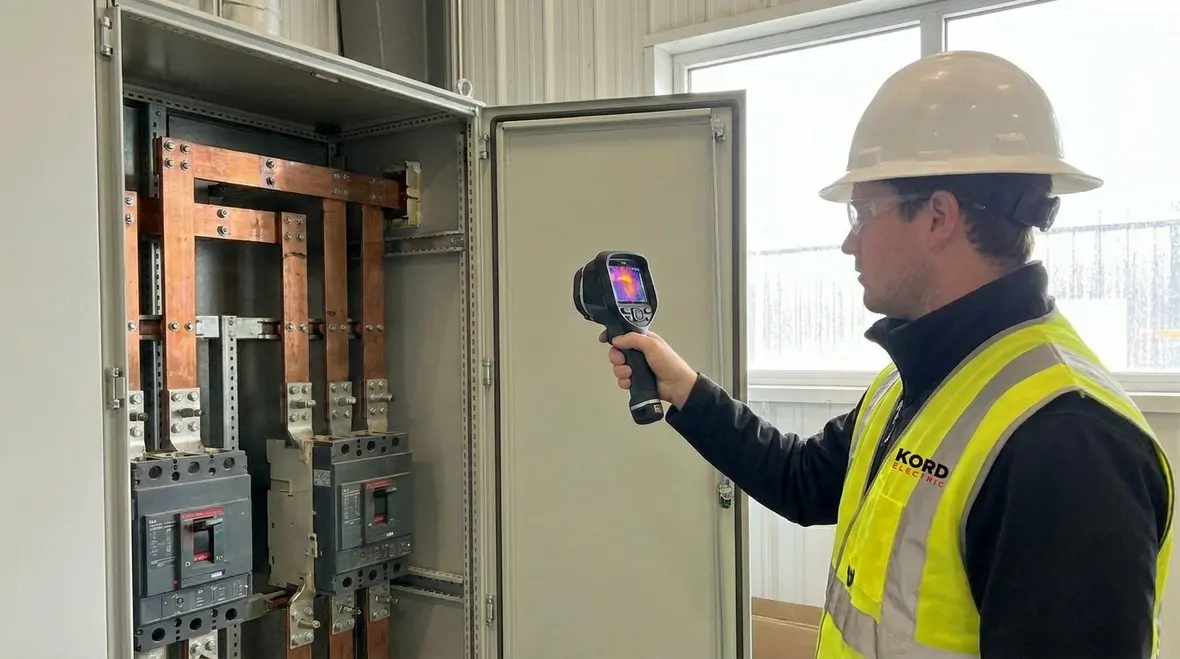 Technician performing predictive thermal scanning on a commercial electrical panel