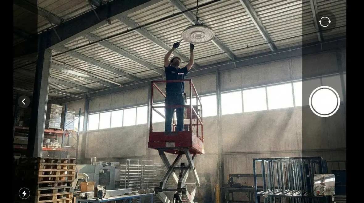 Technicians planning smart warehouse lighting energy savings and controls