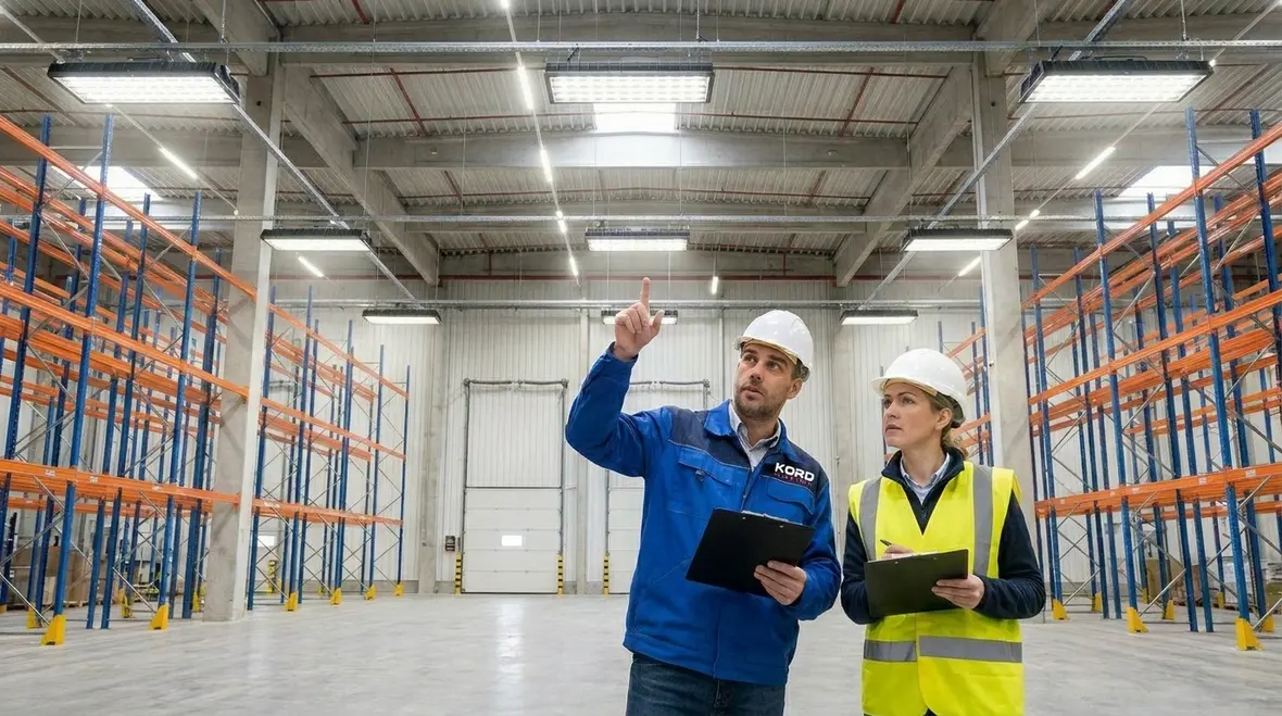 Smart warehouse lighting upgrade ROI layout with LED fixtures and racking