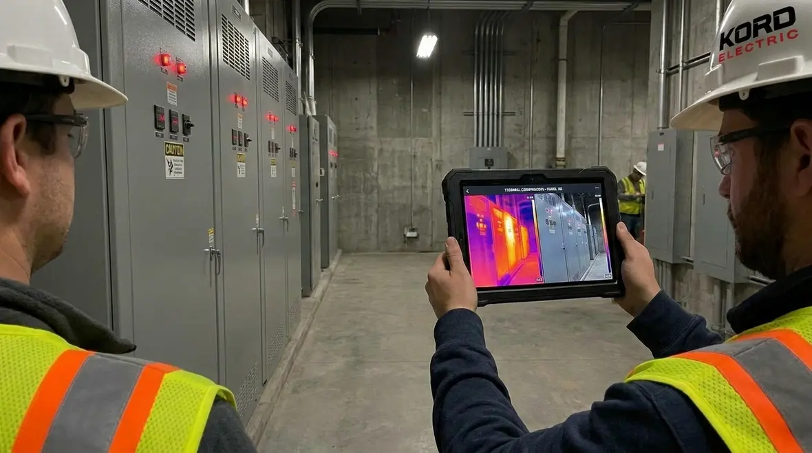 Infrared inspection of an electrical panel highlighting hotspots