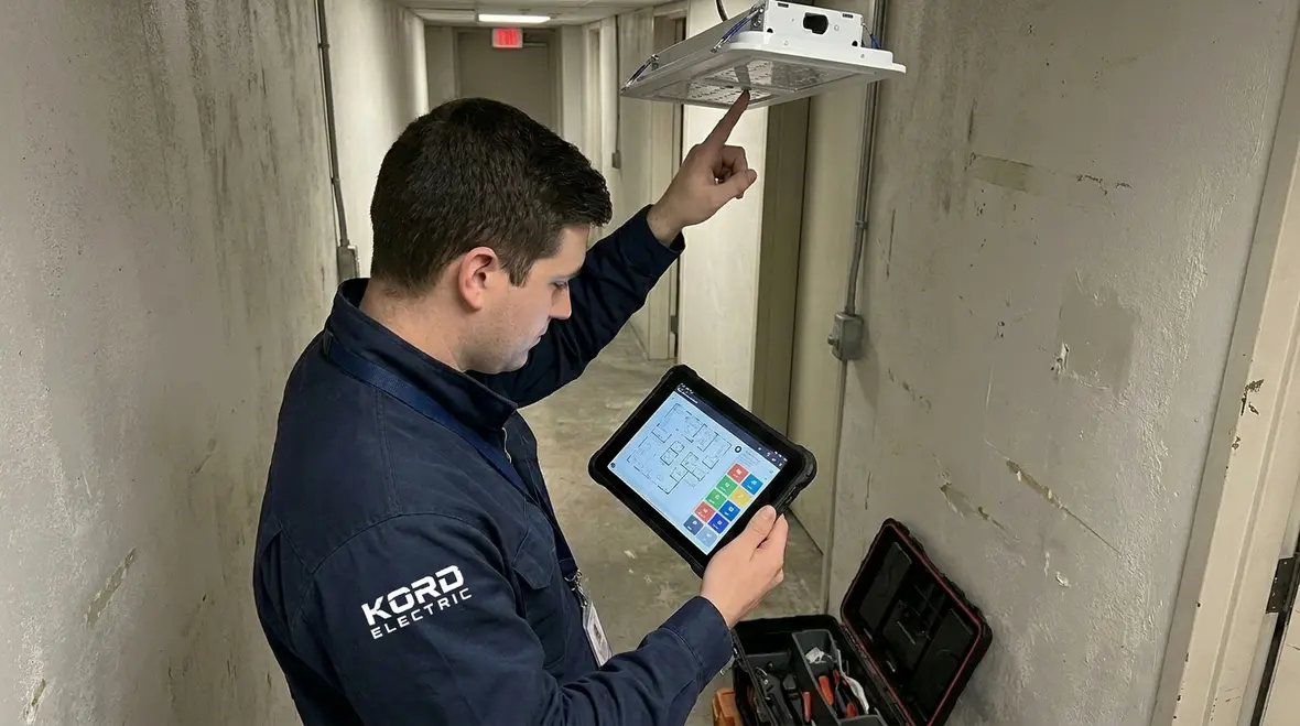 Technician reviewing commercial lighting and control circuits
