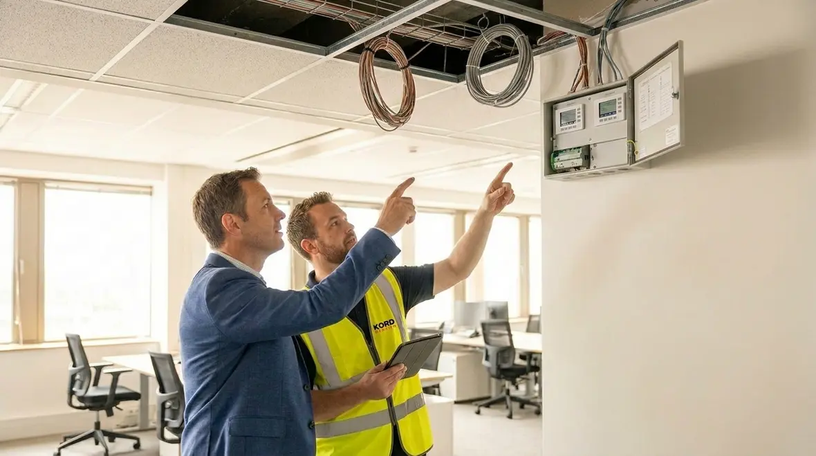 Smart office lighting controls panel being inspected