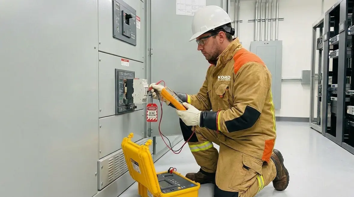 Technician safely inspecting an industrial electrical panel for circuit faults