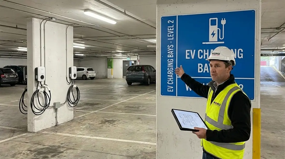 Well-planned EV charging bays in a commercial parking lot