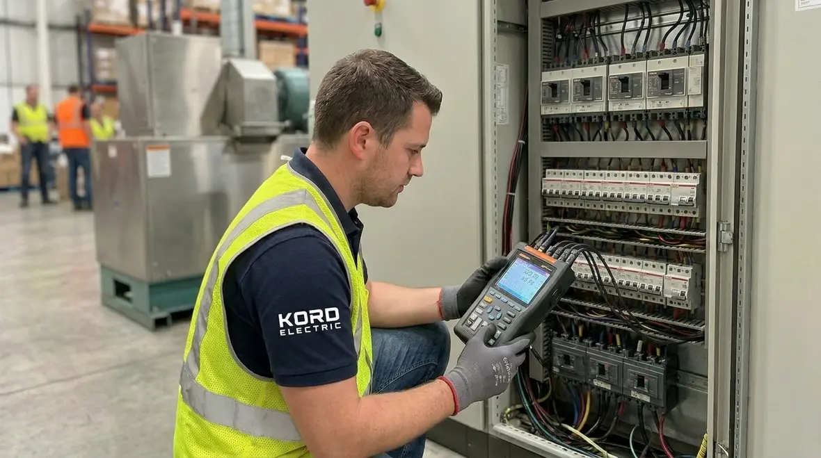 Technician reviewing commercial panel schedules to diagnose lighting flicker patterns