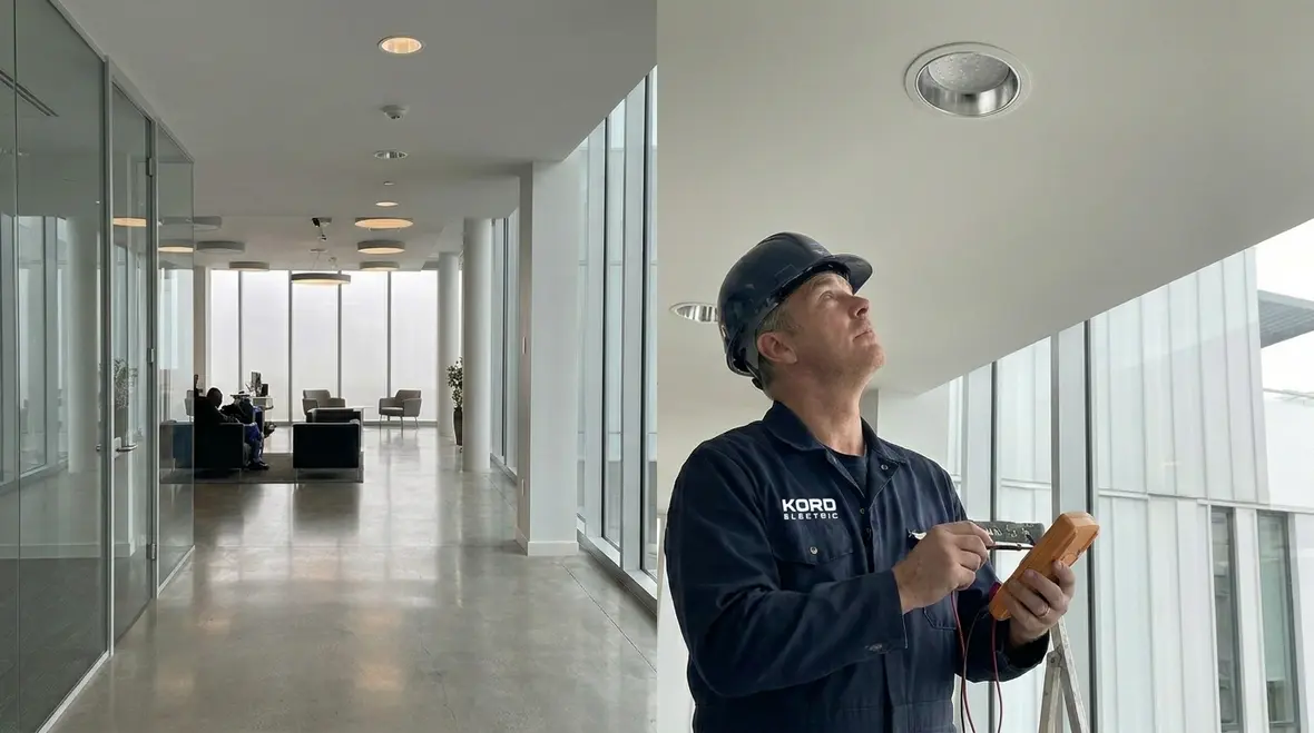 Electrician diagnosing commercial lighting flicker in an electrical room