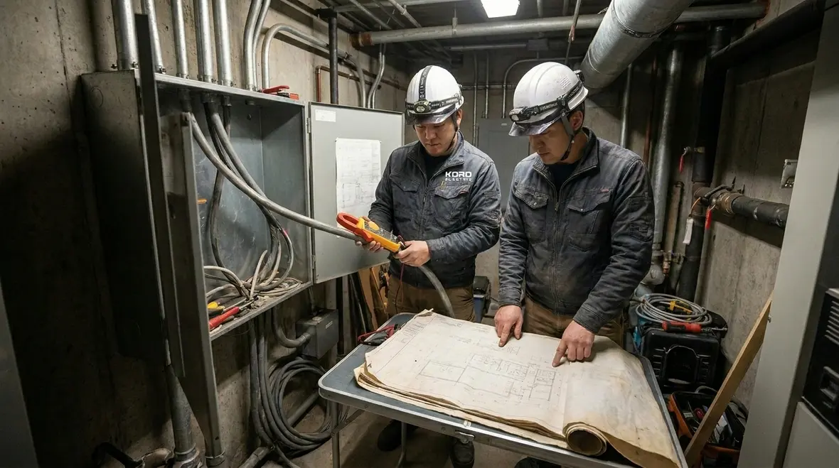 Electrician troubleshooting commercial electrical issues inside a main distribution panel