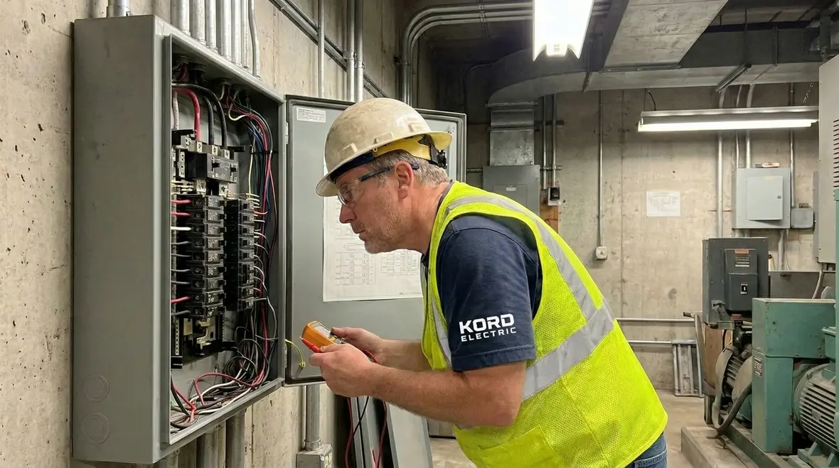 Electrician performing safety checks before troubleshooting commercial lighting control systems