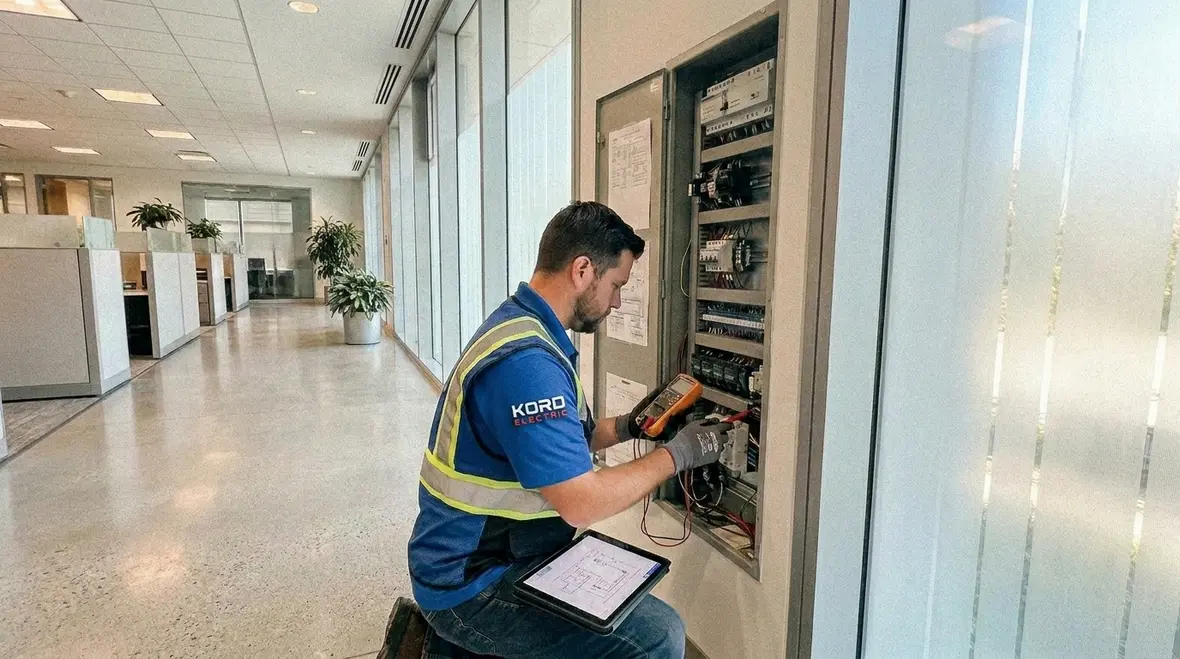 Technician troubleshooting commercial lighting systems in a control room