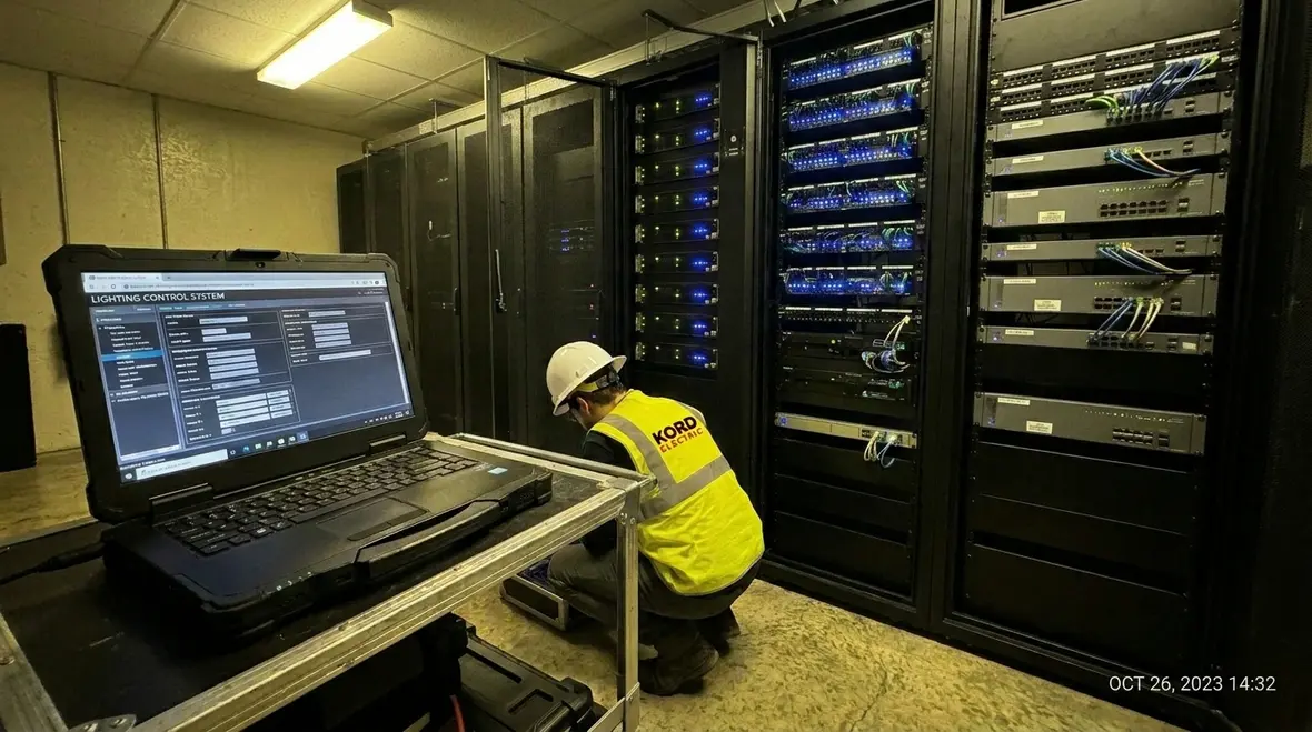 Electrician verifying power and wiring for a commercial lighting system