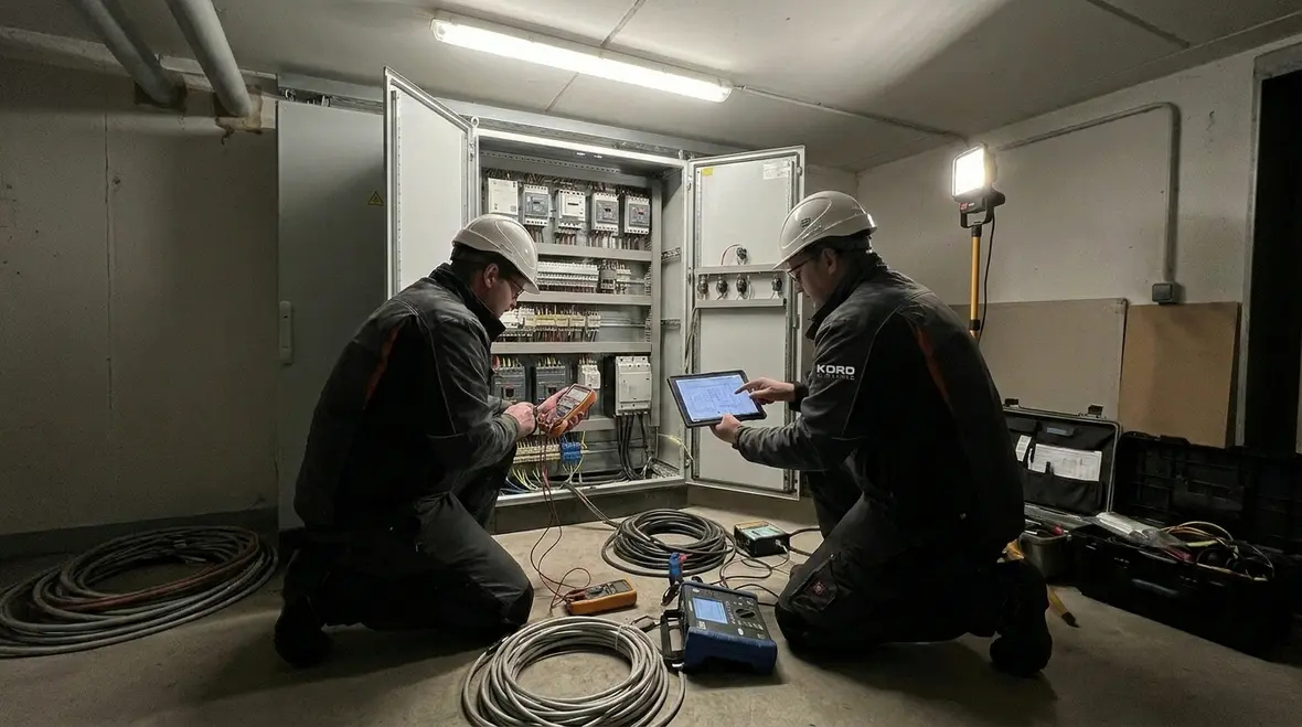 Electrical technicians troubleshooting commercial power distribution equipment