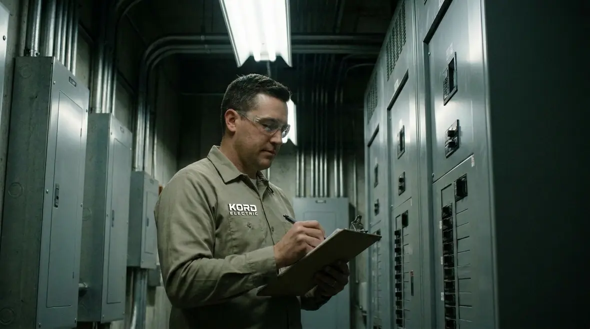 Technician documenting commercial power issues in an electrical room