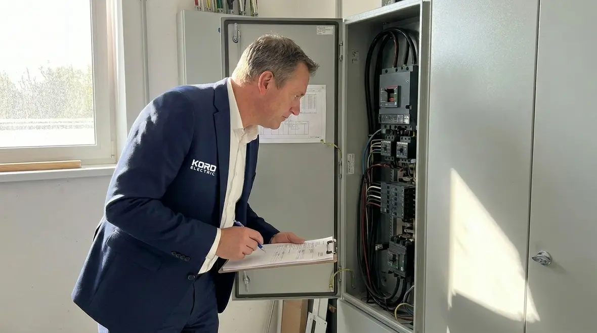 Technician troubleshooting electrical issues in an office panel