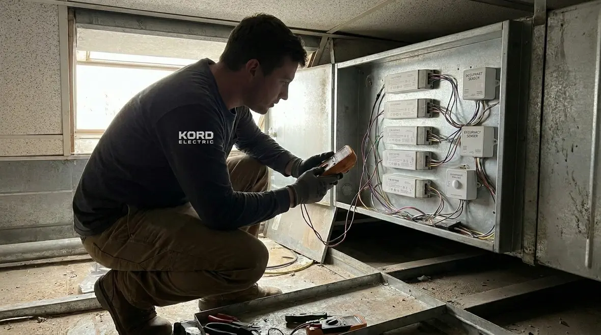 Technicians providing preventive maintenance on warehouse lighting controls