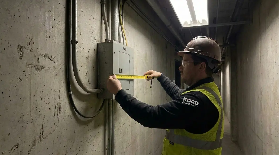 Technician preparing a commercial electrical room for subpanel installation