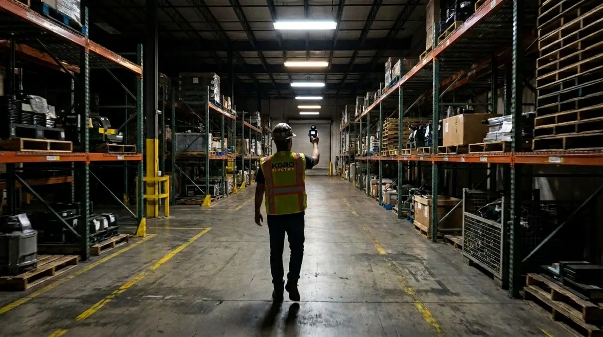 Technicians configuring warehouse lighting control systems for efficient operations
