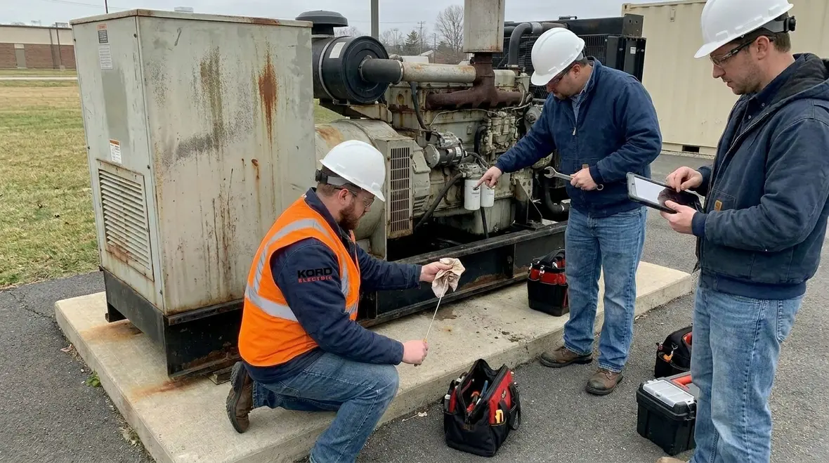 Technicians managing commercial load sequencing during generator transfer