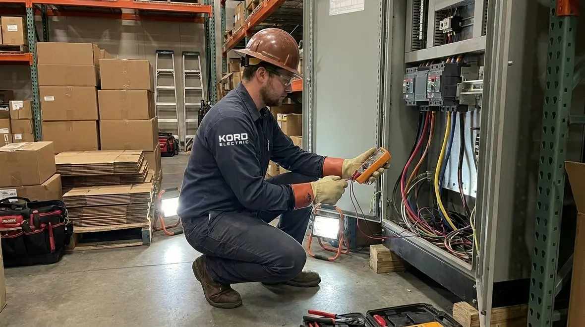 Technician performing warehouse lighting assessment