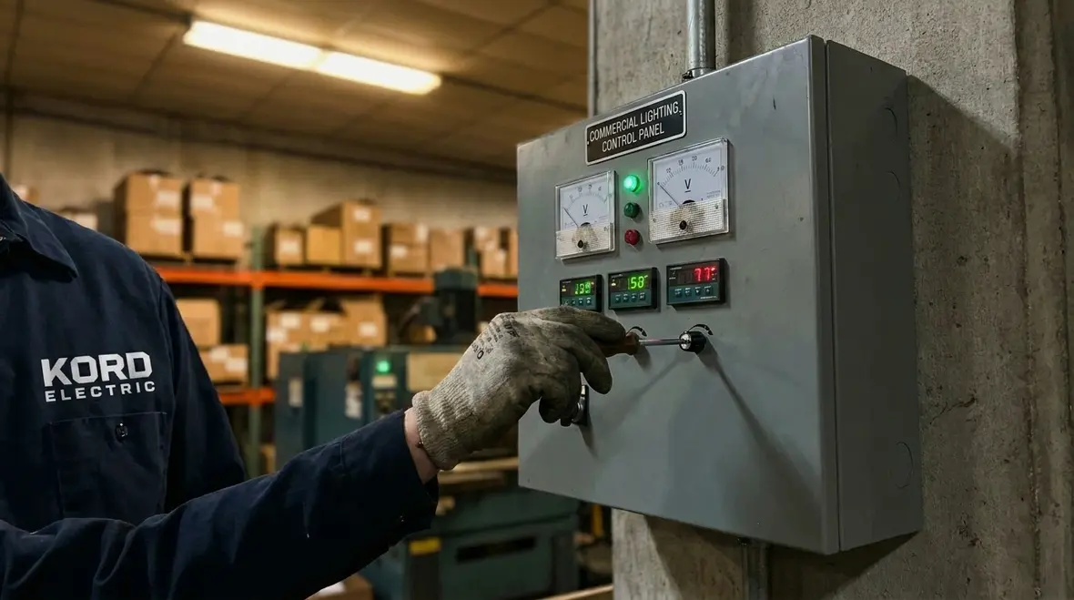 Kord Electric technicians assessing warehouse lighting and controls before upgrades