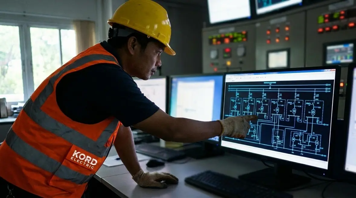 Technician inspecting commercial backup power equipment in a warehouse