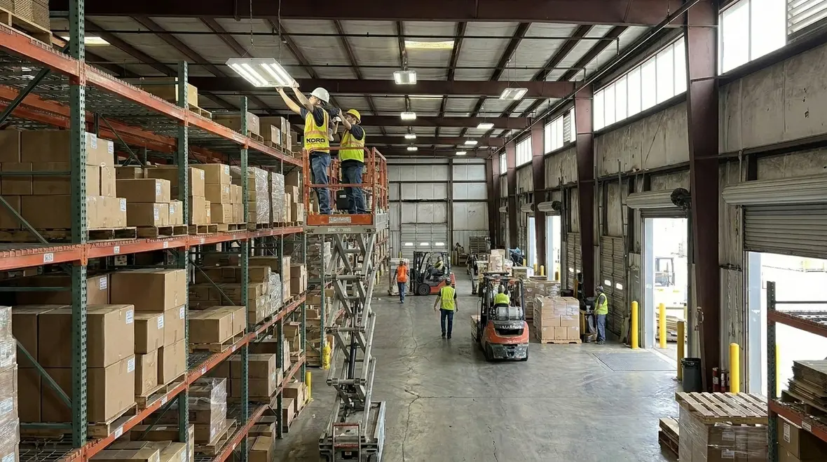 Technician performing preventive maintenance on warehouse lighting system