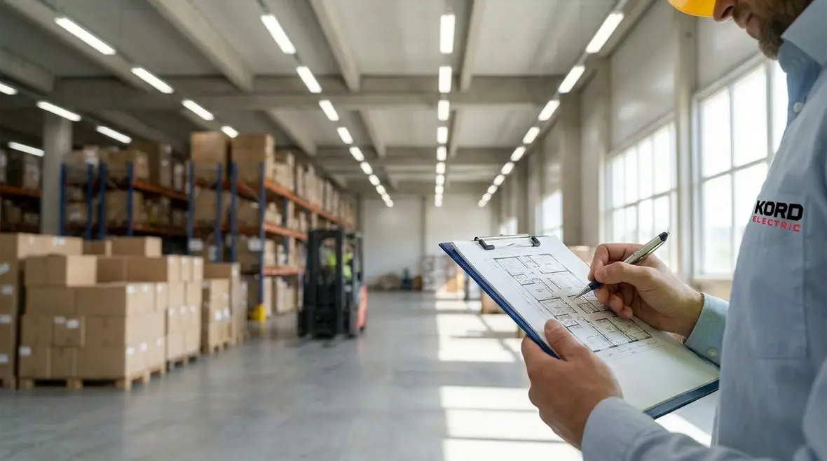 Technician configuring warehouse lighting control zones