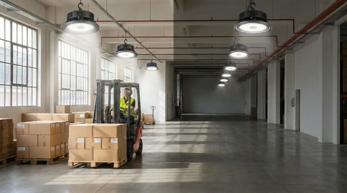Warehouse lighting efficiency upgrades in high-bay aisles