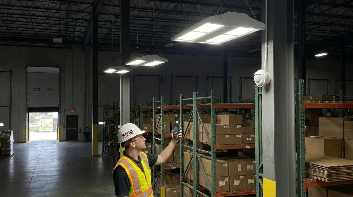 Warehouse worker checking LED lighting controls and fixtures