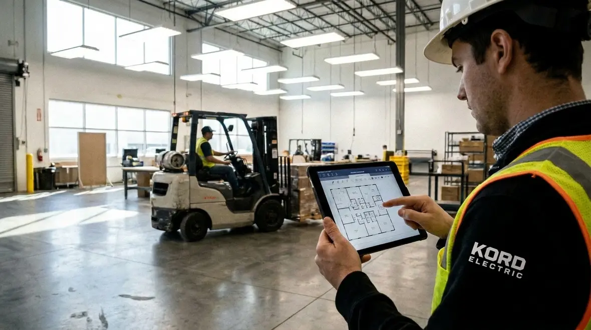 Warehouse lighting layout design with safer forklift aisle visibility