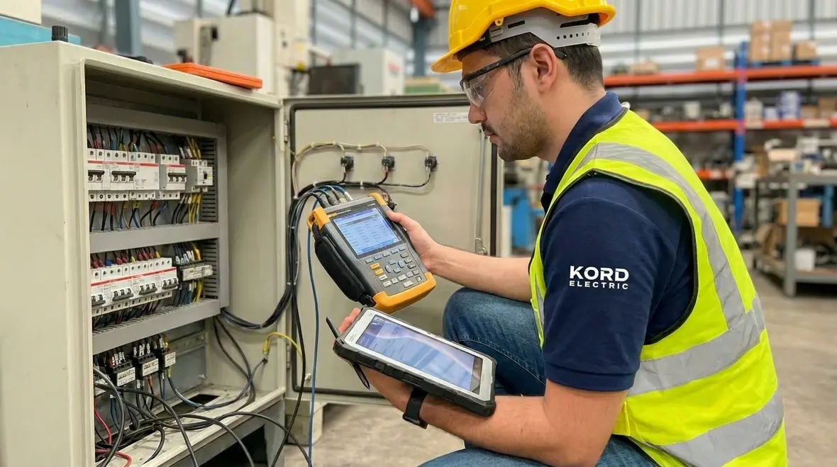 Technician reviewing power quality data for a manufacturing plant