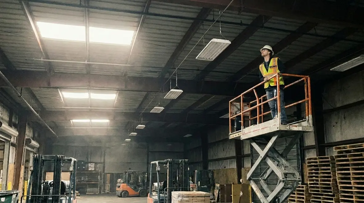 Technician performing warehouse LED lighting maintenance tips inspection