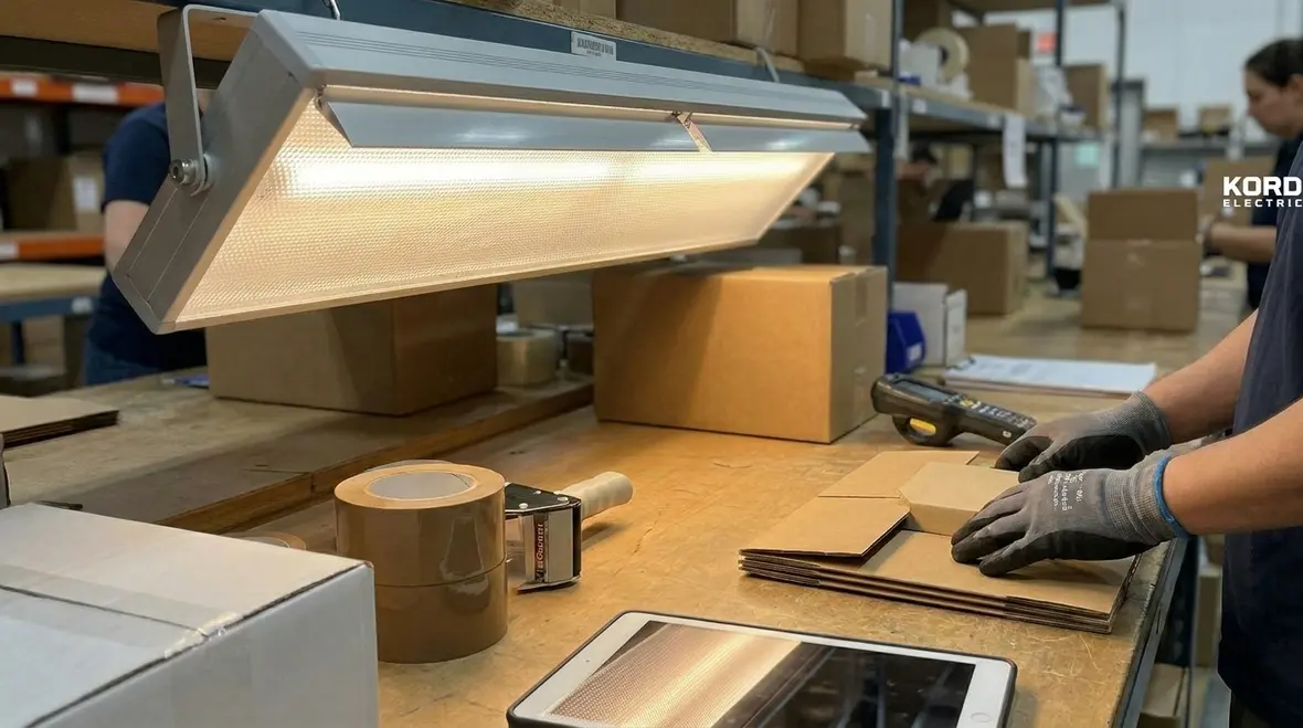 Warehouse aisle showing glare and shadow risks in lighting