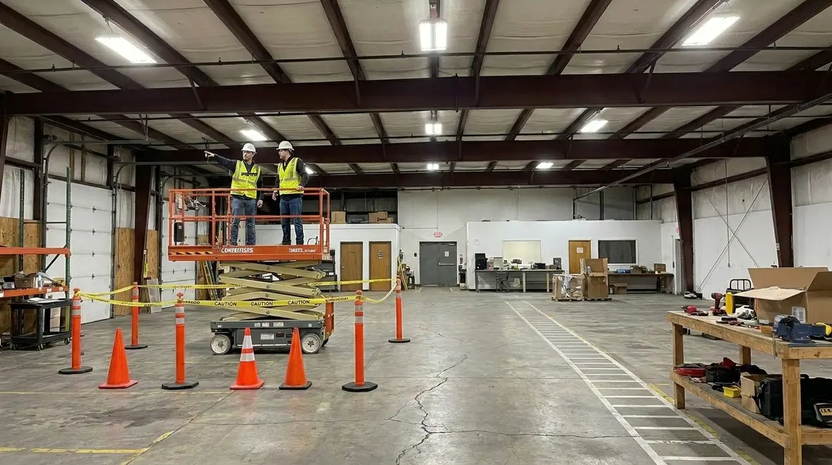 Technician performing warehouse lighting audit