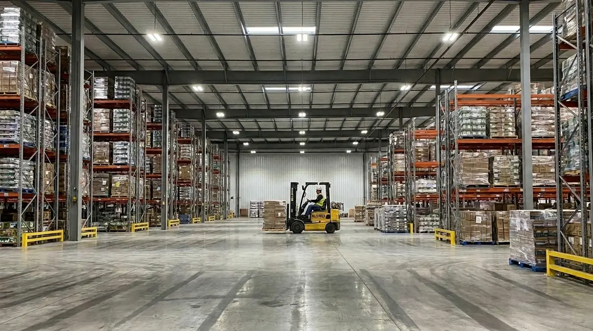 Technicians reviewing warehouse lighting safety standards in a modern facility