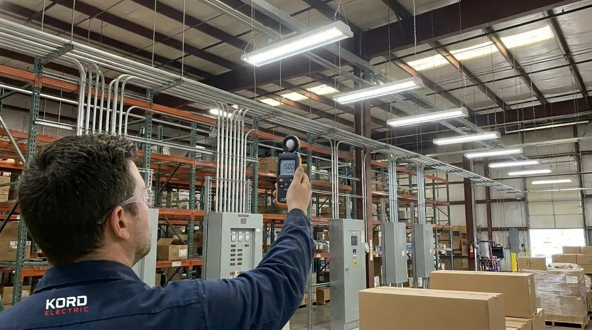 Technicians planning smart lighting zones in a warehouse