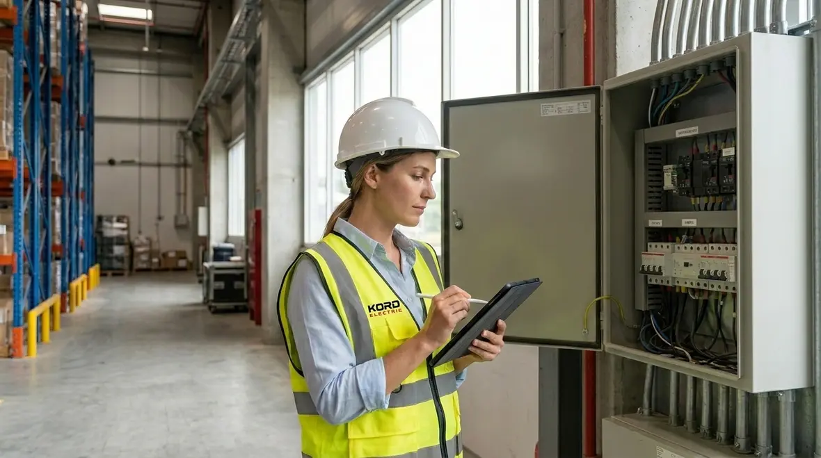 Technician maintaining warehouse smart lighting controls