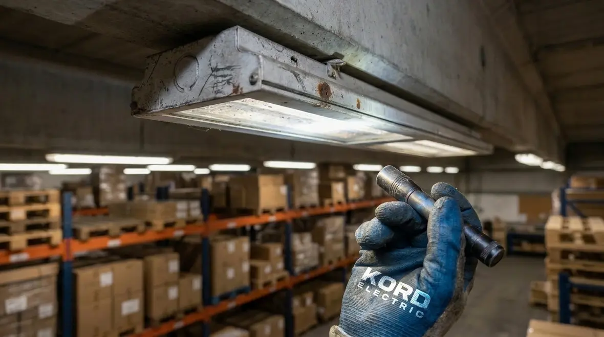 Technician inspecting fixtures to prevent common industrial lighting failures