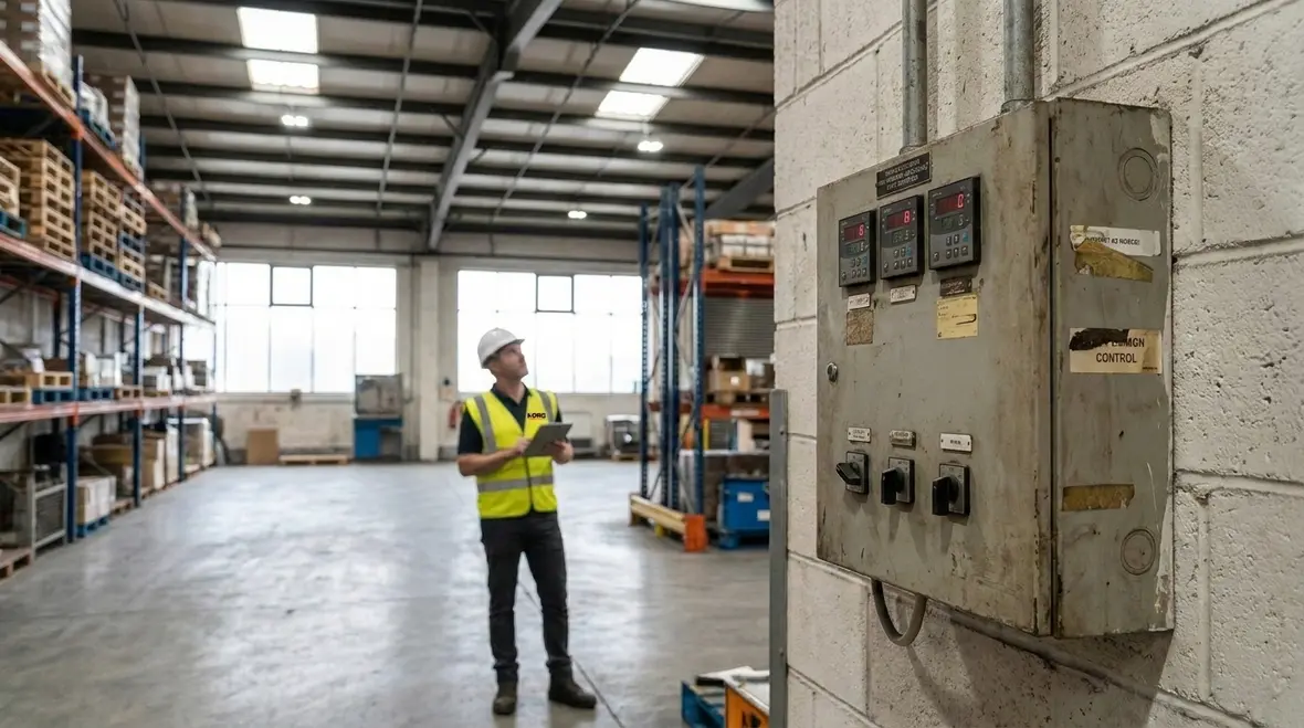 Technicians reviewing automated lighting maintenance dashboard for a commercial facility