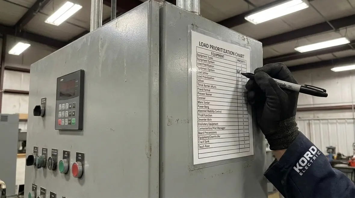 Technician prioritizing critical electrical loads for commercial backup power