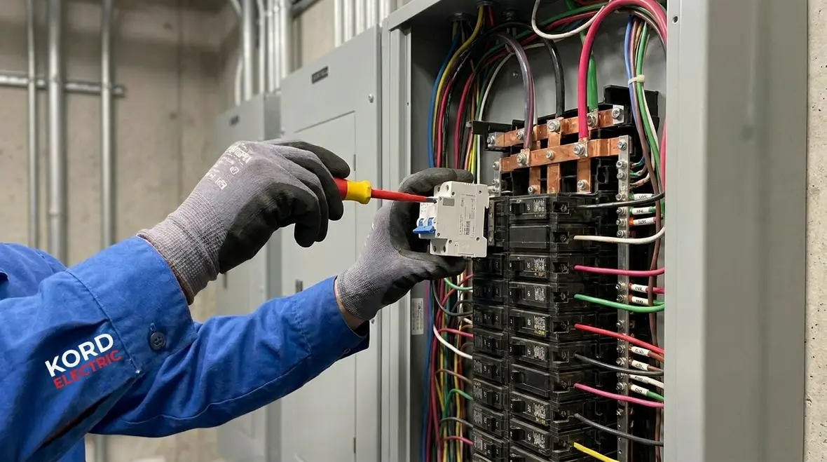 Commercial electricians installing an upgraded electrical panel in a mechanical room